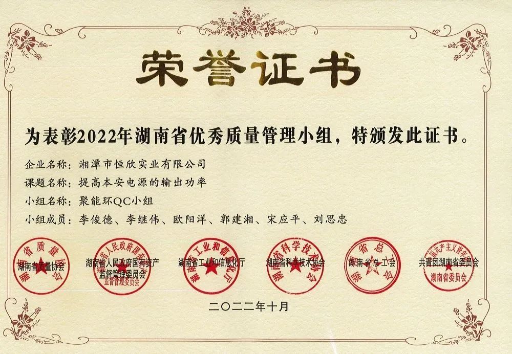 獲評湖南省優(yōu)秀質(zhì)量管理小組 獲評湖南省優(yōu)秀質(zhì)量管理小組